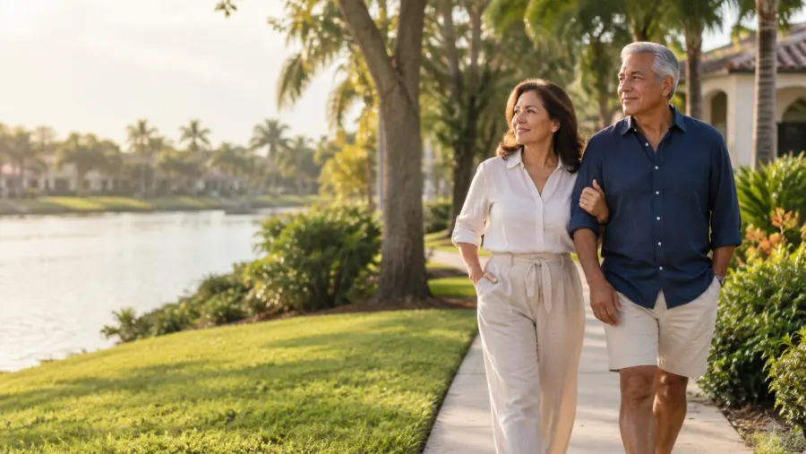 An older couple walking beside a lake