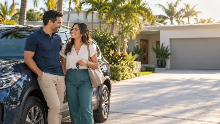 A couple beside their car in the driveway
