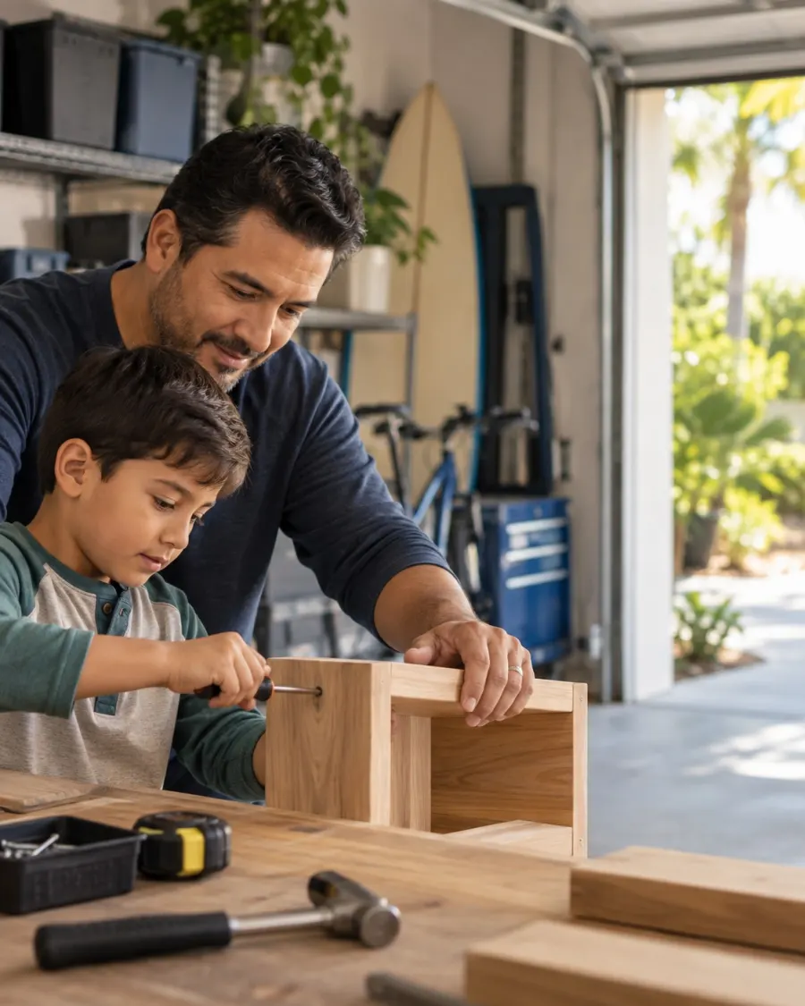 A father and son building something together in the garage