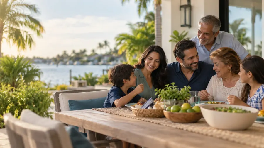 Three generations of a family sharing a meal outdoors