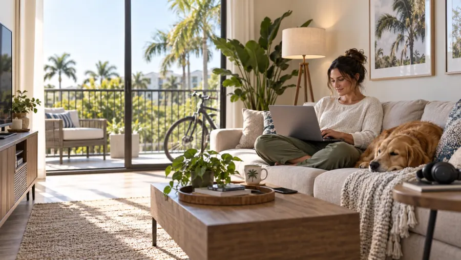 A renter working on a laptop in her apartment