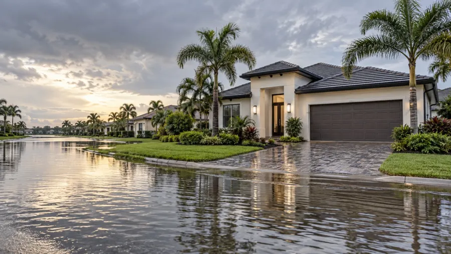 A Florida home on a street covered with water
