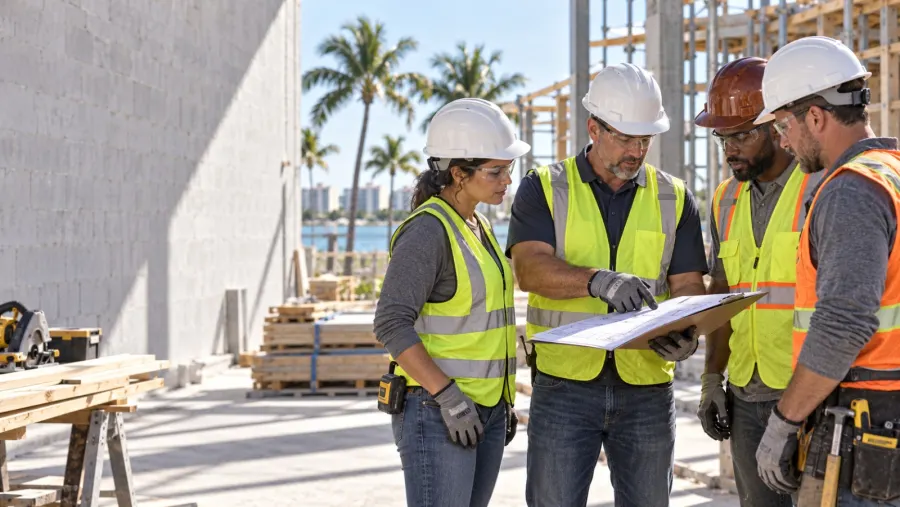 A construction crew reviewing plans on site