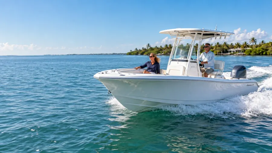 A couple riding a boat along the Florida coast