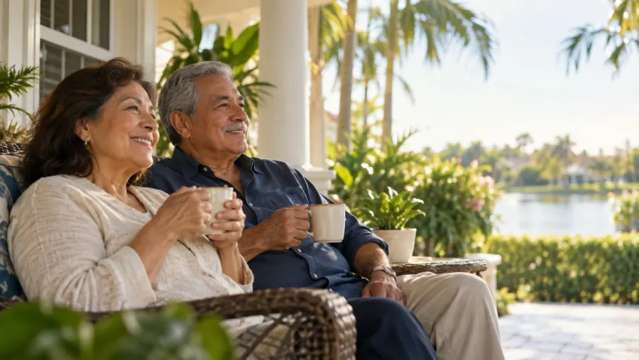 An older couple having coffee on their porch