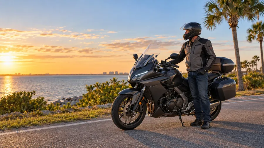 A rider standing beside a touring motorcycle by the bay