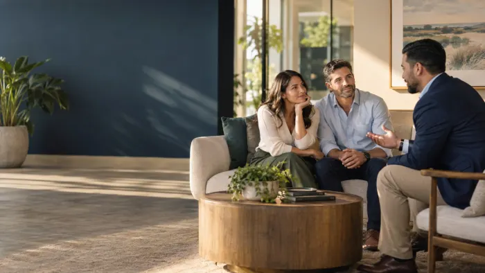 Two people going over options with an agent