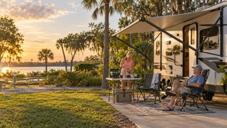 A couple camping beside their travel trailer at sunset